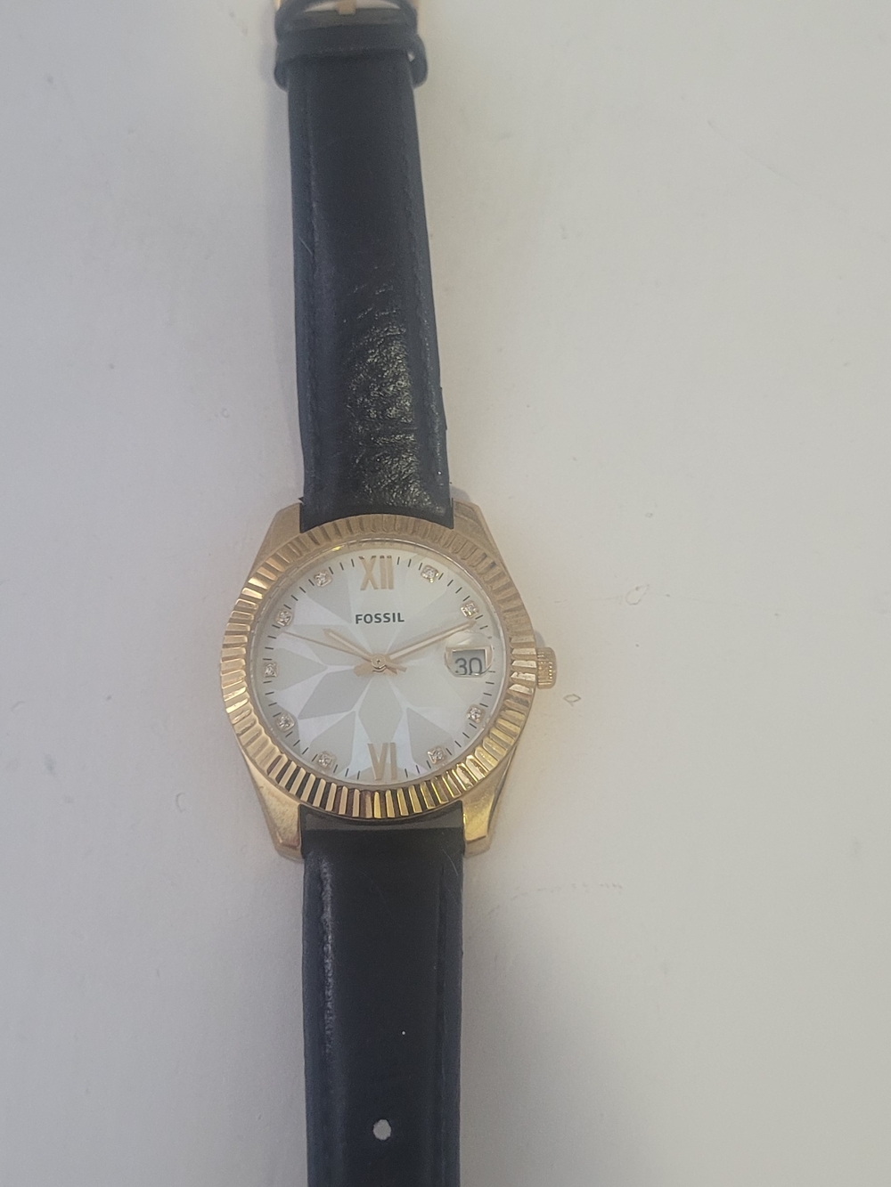 Fossil Gold-Tone Watch with Black Leather Strap